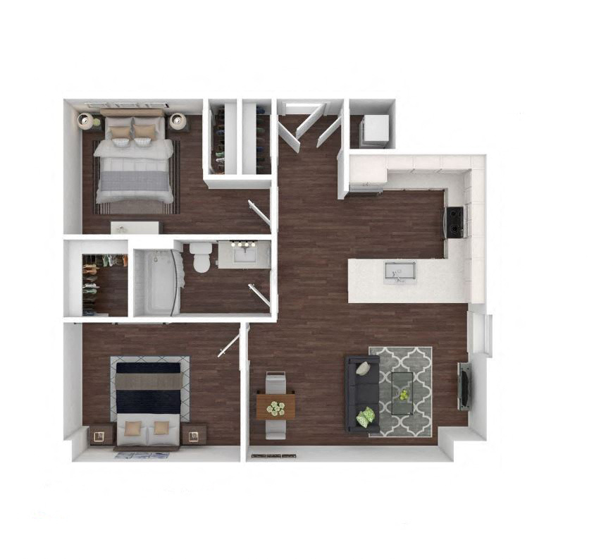 Floor plan for 2 beds, 1 bath, 965 sqft